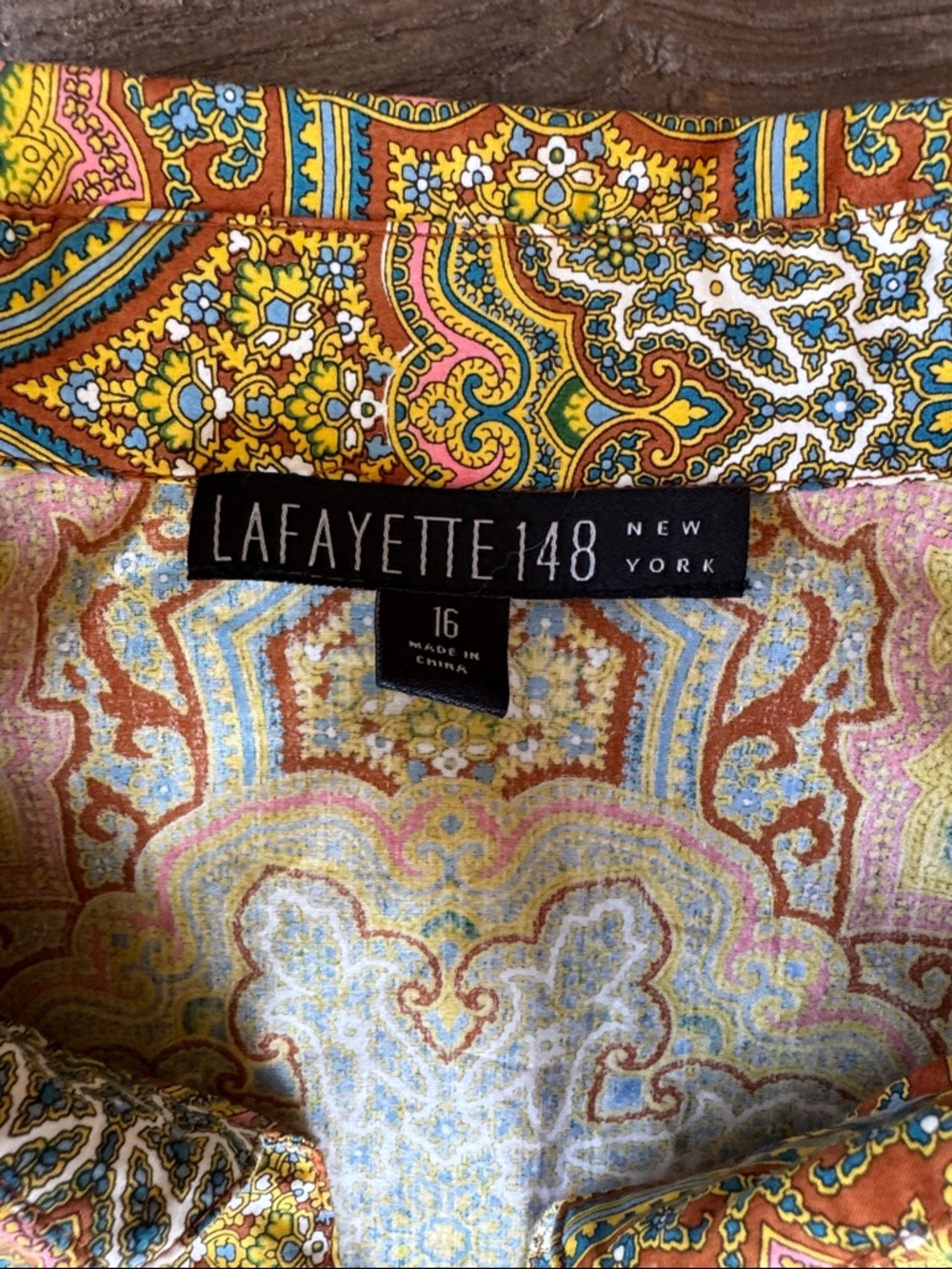 LaFayette 148 cotton brown pink paisley front‎ tie button down NWOT size 16 - Picture 7 of 11